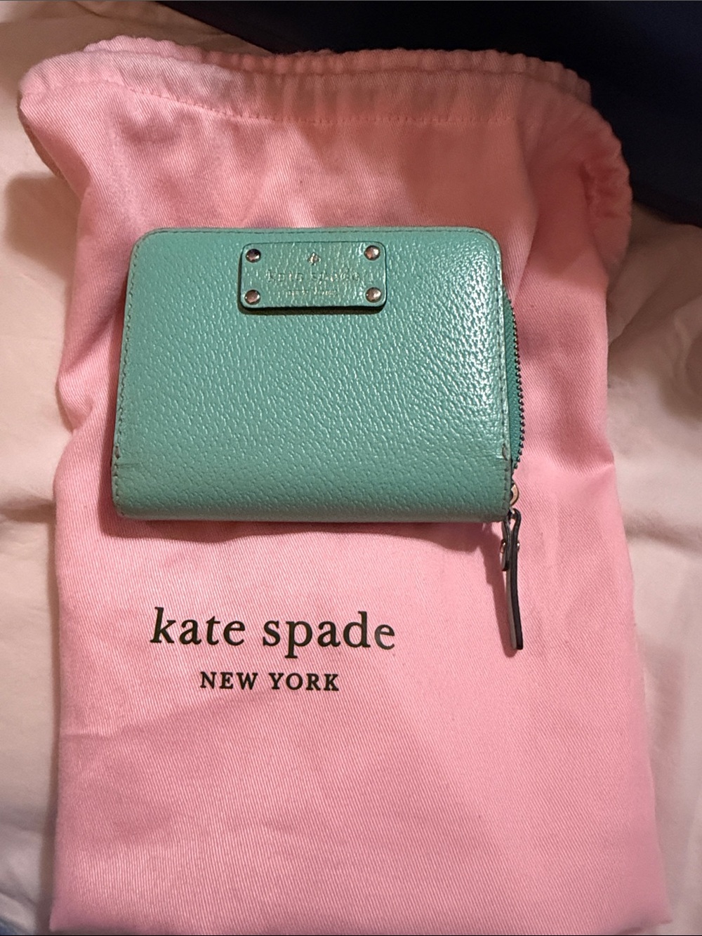 kate spade mint teal pebble leather logo wallet with gold hardware
